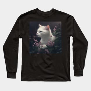 White Cat Kitten surrounded by Pink Flowers | White cat with blue eyes | Digital art Sticker Long Sleeve T-Shirt